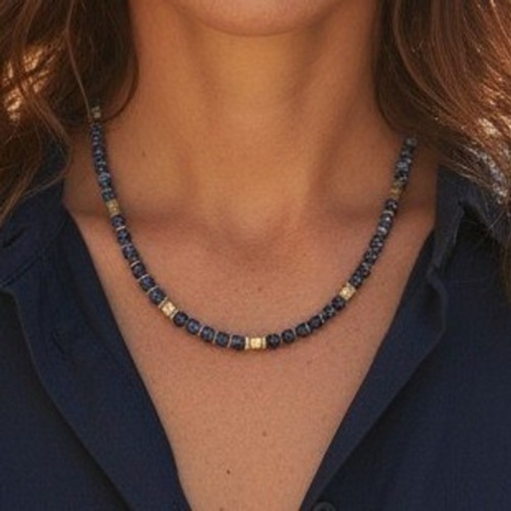 Blue Sodalite Stone Beaded Necklace Gold Tone Toggle Clasp Minimalist‎